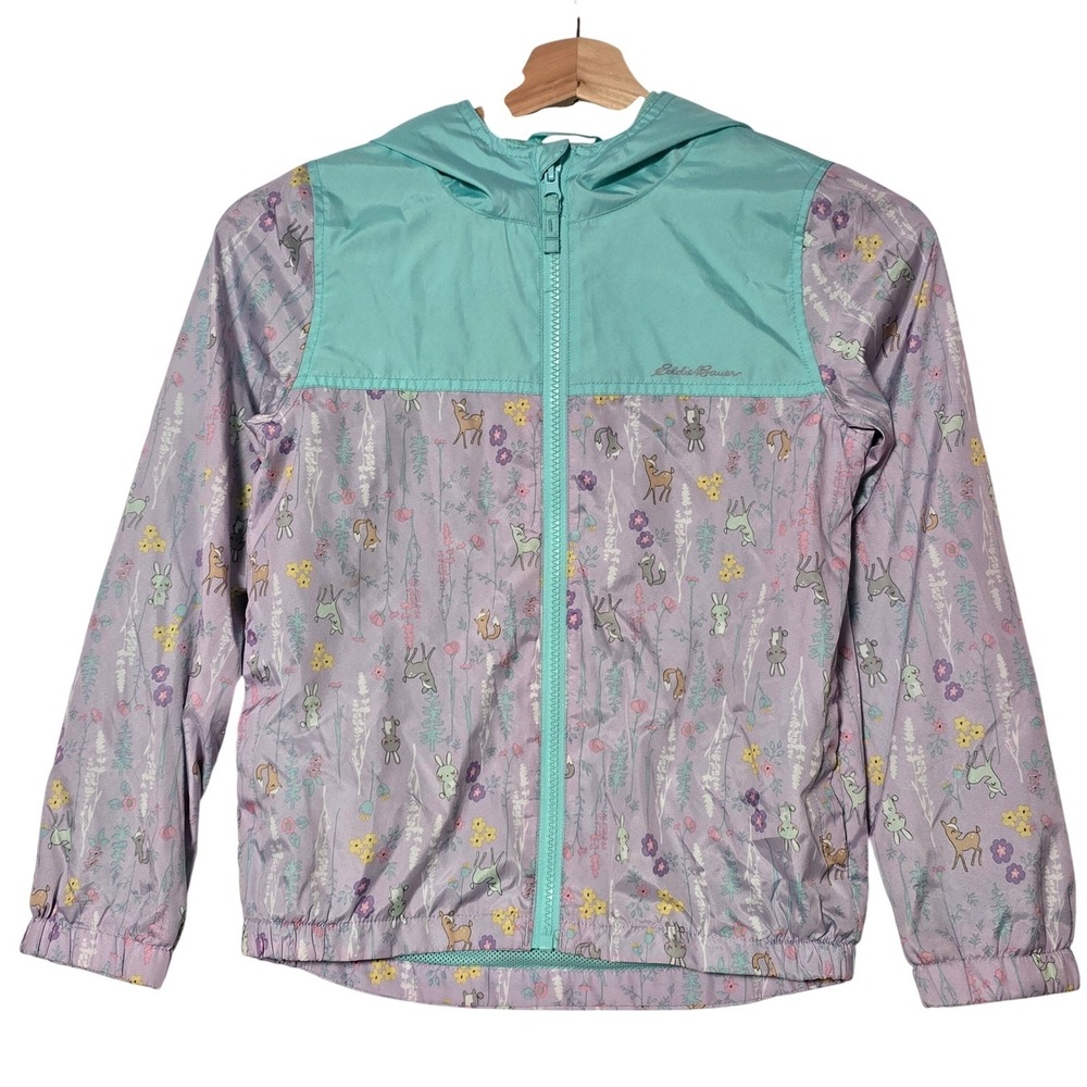 Eddie Bauer Kids Woodland Animal Print Windbreaker Jacket Teal Lavender Purple